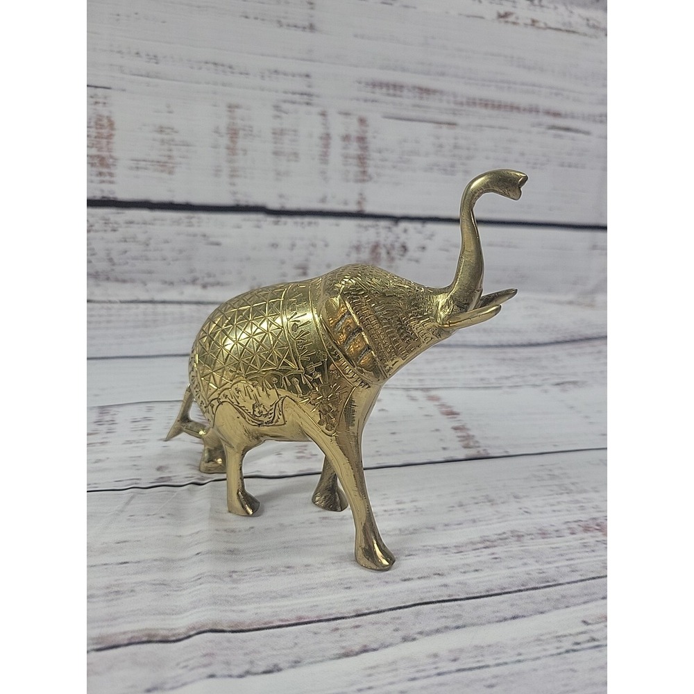 Brass Etched Elephant Figure Trunk Up For LUCK 5" x 6" India